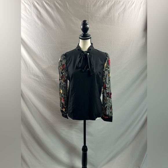 Floral Embroidery Mesh Sleeve Tie Neck Blouse Black - Picture 6 of 8